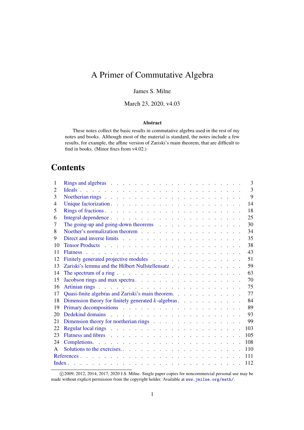 A Primer of Commutative Algebra