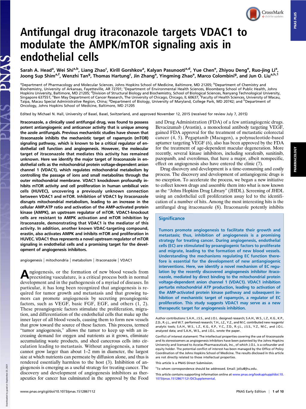 Antifungal Drug Itraconazole Targets VDAC1 to Modulate the AMPK/Mtor Signaling Axis in Endothelial Cells