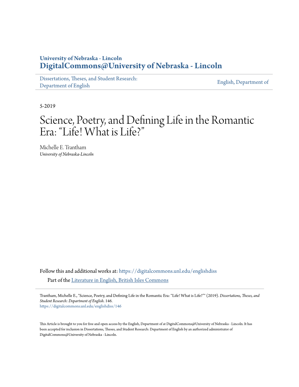 Science, Poetry, and Defining Life in the Romantic Era: “Life! What Is Life?” Michelle E