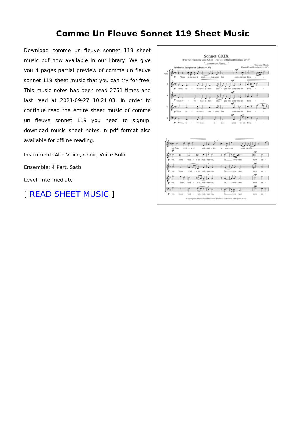 Comme Un Fleuve Sonnet 119 Sheet Music