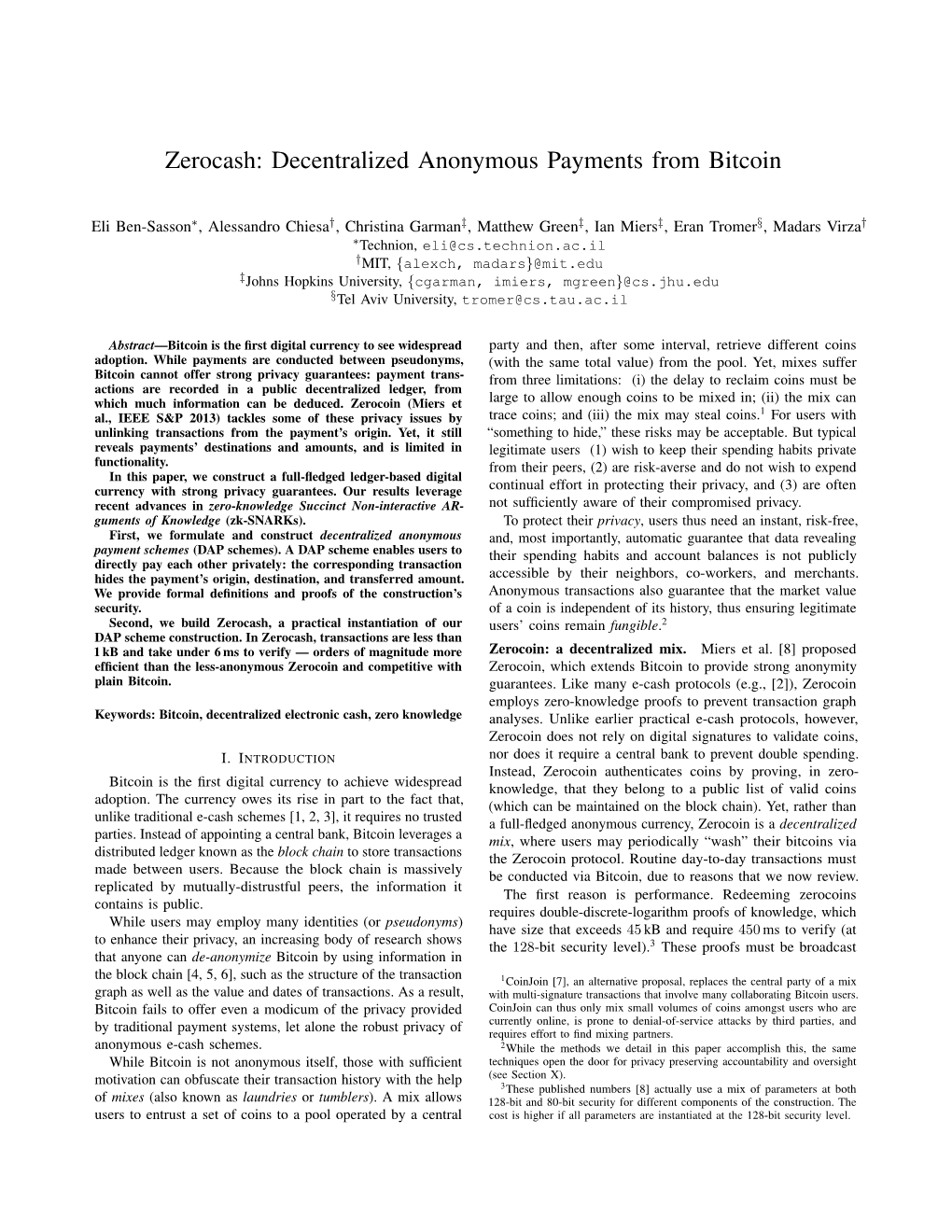 Zerocash: Decentralized Anonymous Payments from Bitcoin