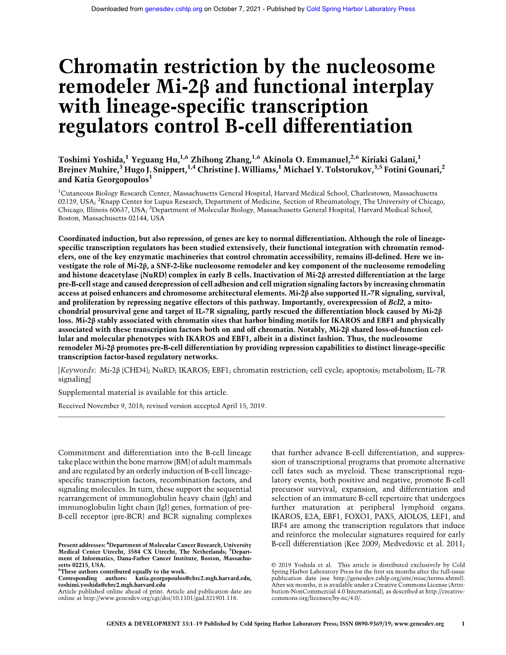 Chromatin Restriction by the Nucleosome Remodeler Mi-2Β and Functional Interplay with Lineage-Specific Transcription Regulators Control B-Cell Differentiation