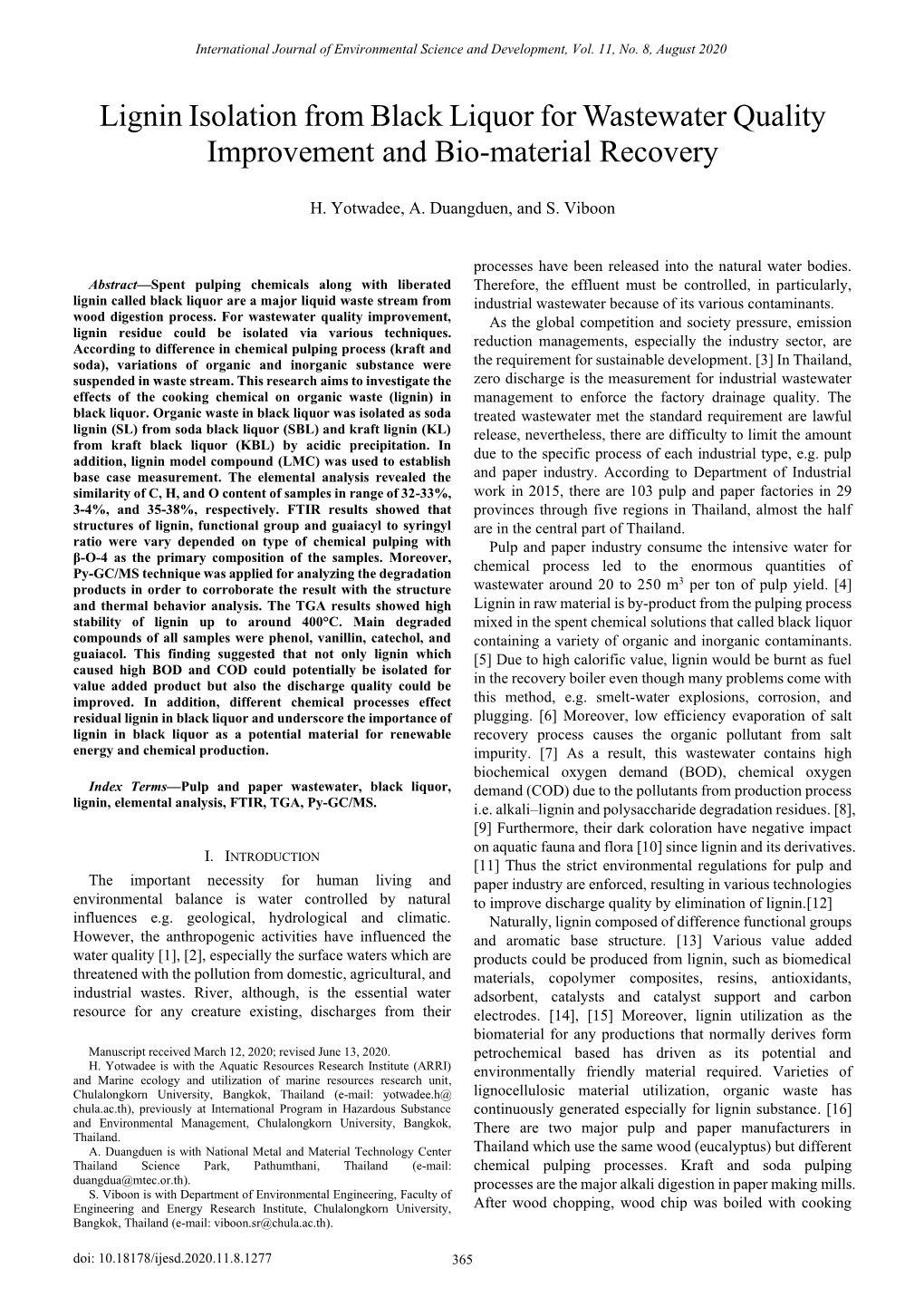 Lignin Isolation from Black Liquor for Wastewater Quality Improvement and Bio-Material Recovery