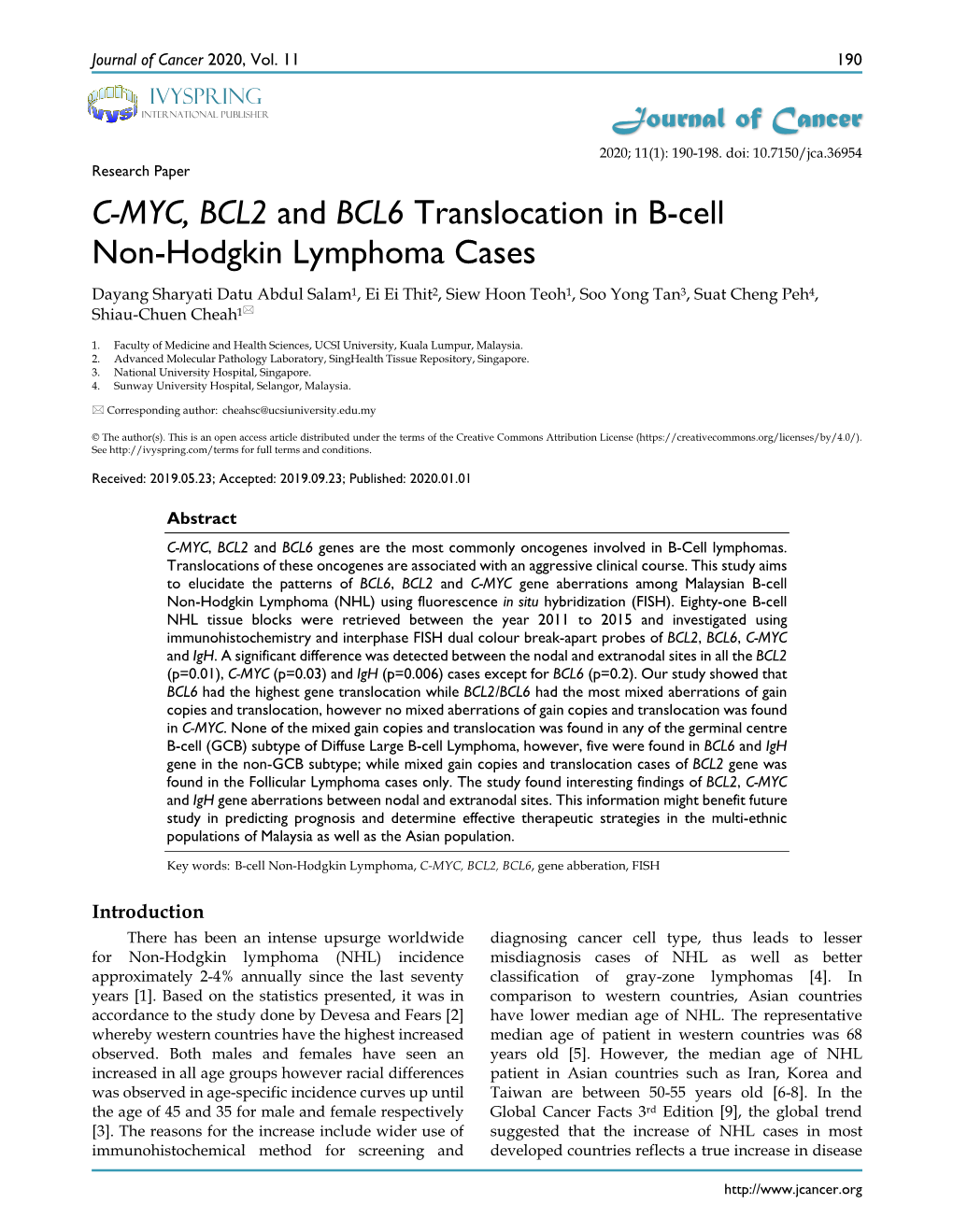 C-MYC, BCL2 and BCL6 Translocation in B-Cell Non-Hodgkin Lymphoma Cases
