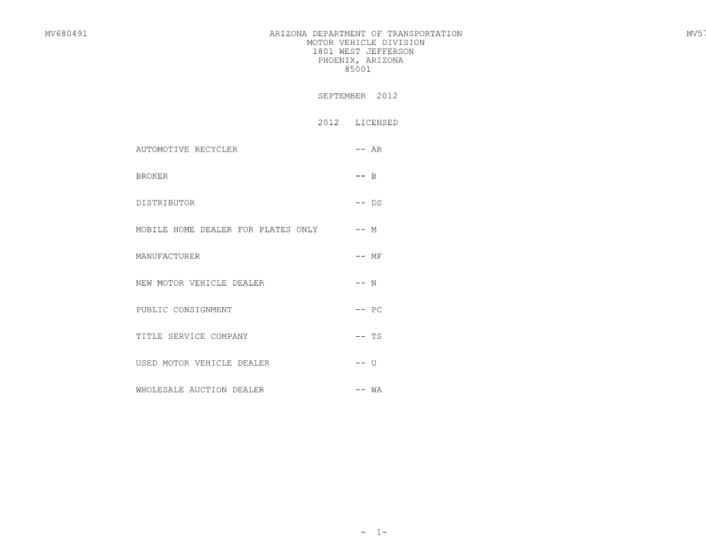 Mv680491 Arizona Department of Transportation Mv579d Motor Vehicle Division 1801 West Jefferson Phoenix, Arizona 85001