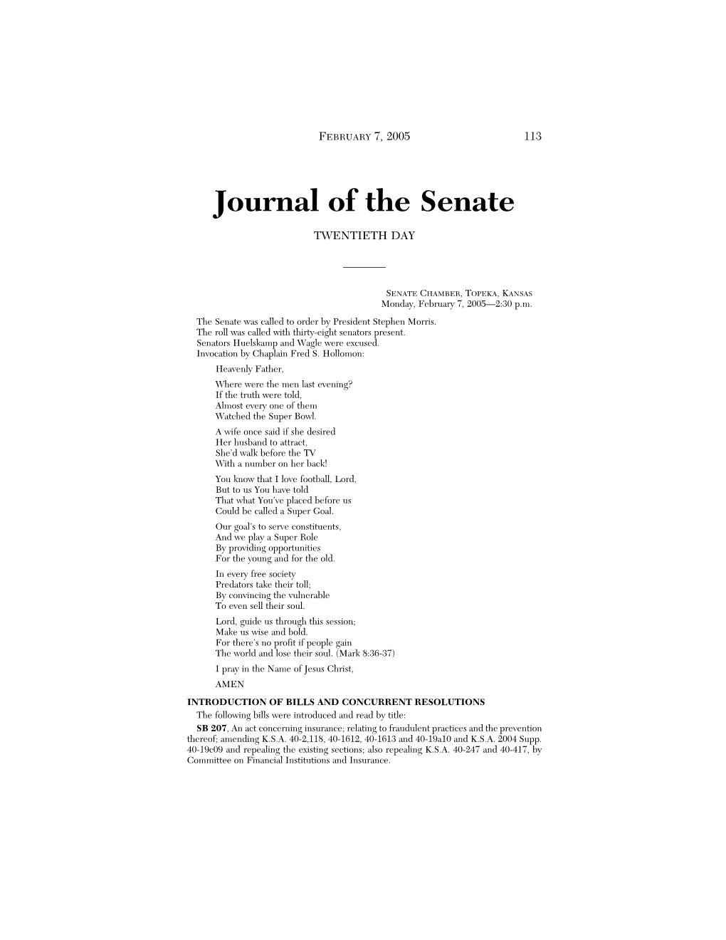 Journal of the Senate TWENTIETH DAY