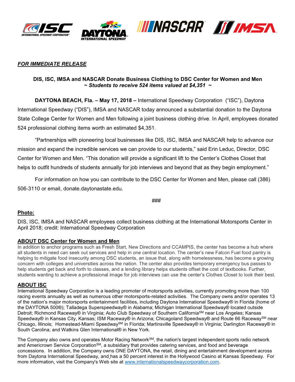 DIS, ISC, IMSA and NASCAR Donate Business Clothing to DSC Center for Women and Men ~ Students to Receive 524 Items Valued at $4,351 ~