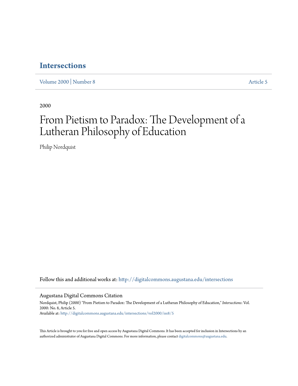 From Pietism to Paradox: the Development of a Lutheran