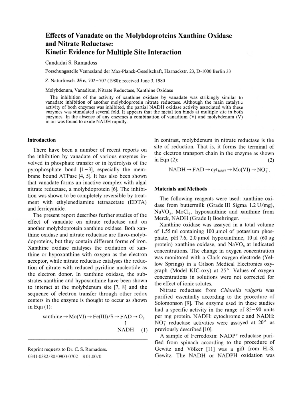 Effects of Vanadate on the Molybdoproteins Xanthine Oxidase and Nitrate Reductase: Kinetic Evidence for Multiple Site Interaction Candadai S