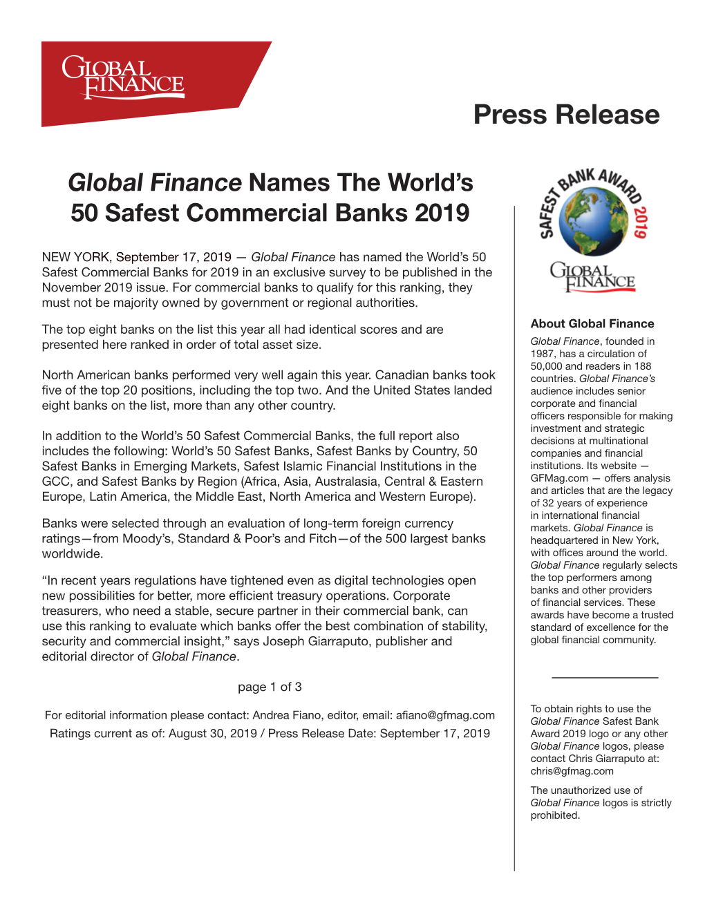 Global Finance Names the World's 50 Safest Commercial Banks 2019