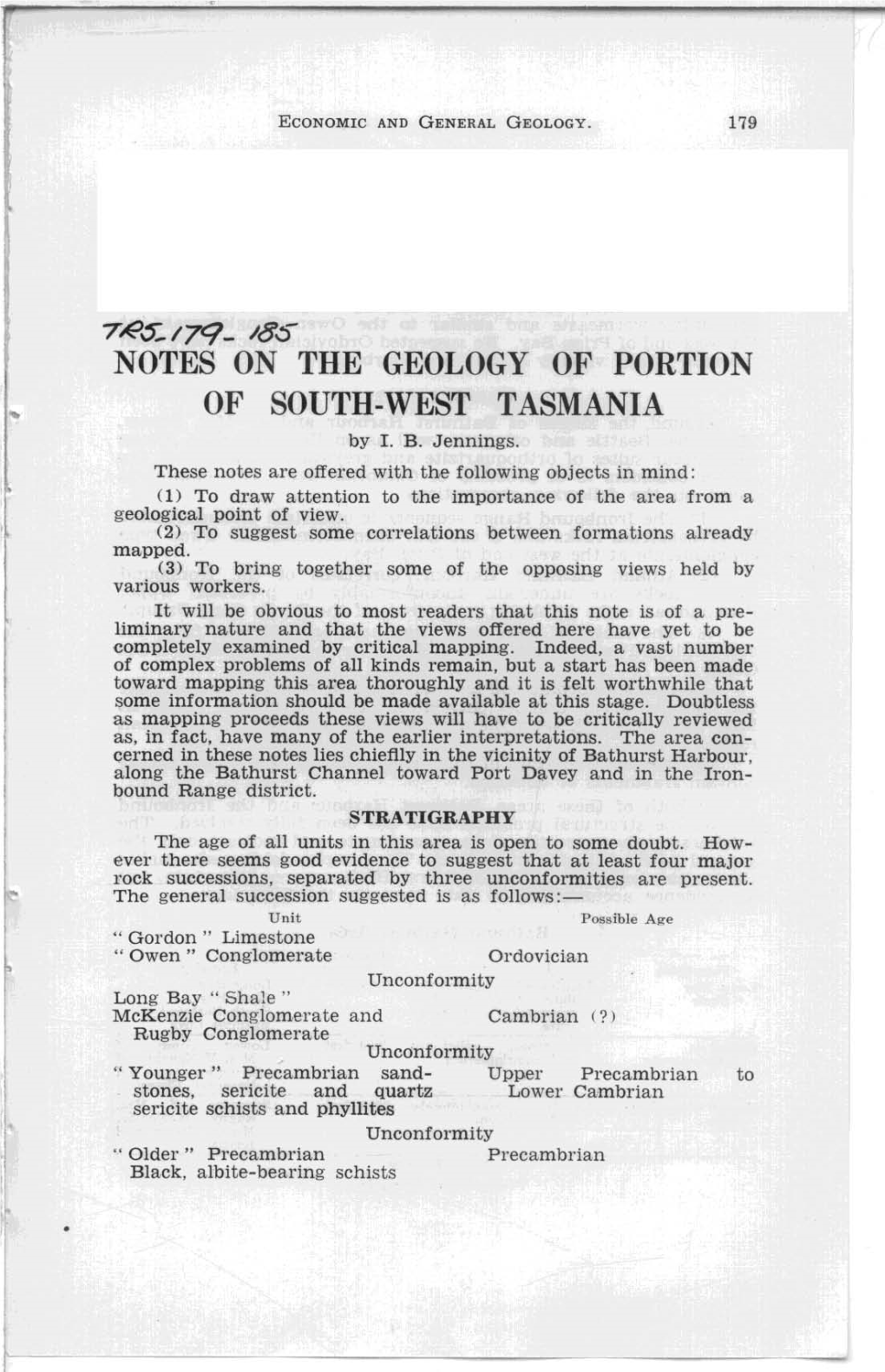 Notes on the Geology of Portion of South-West