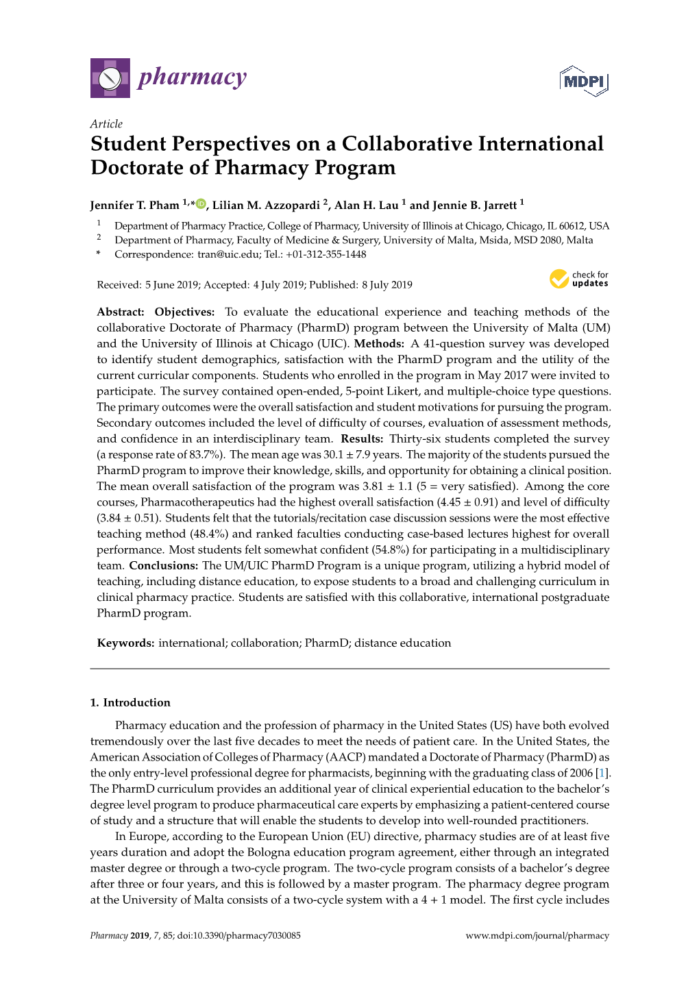 Student Perspectives on a Collaborative International Doctorate of Pharmacy Program