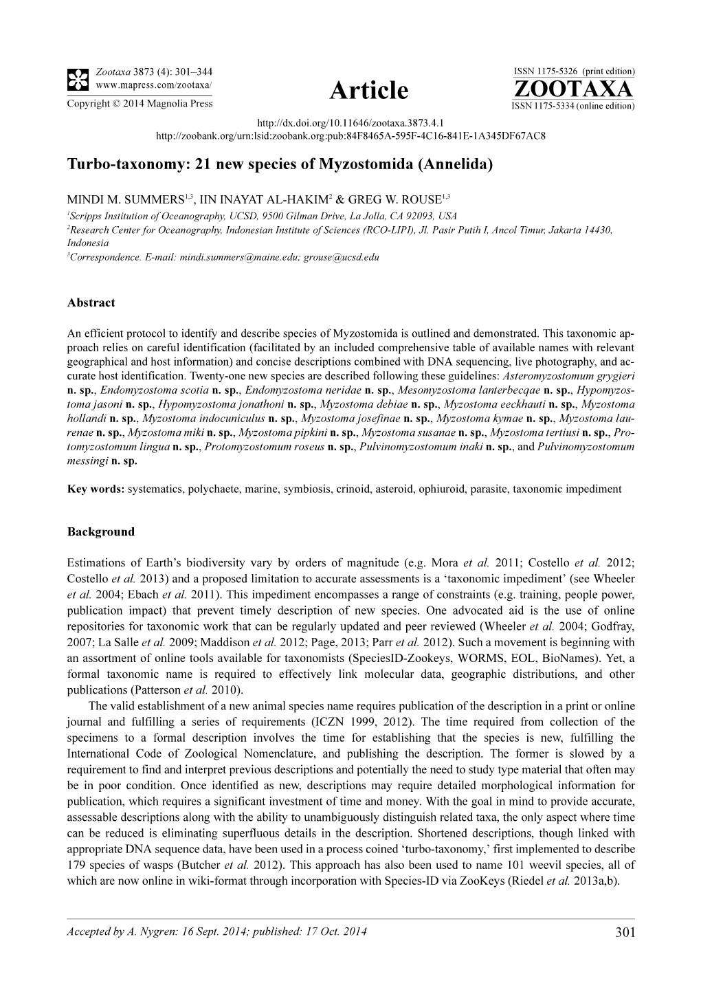 Turbo-Taxonomy: 21 New Species of Myzostomida (Annelida)