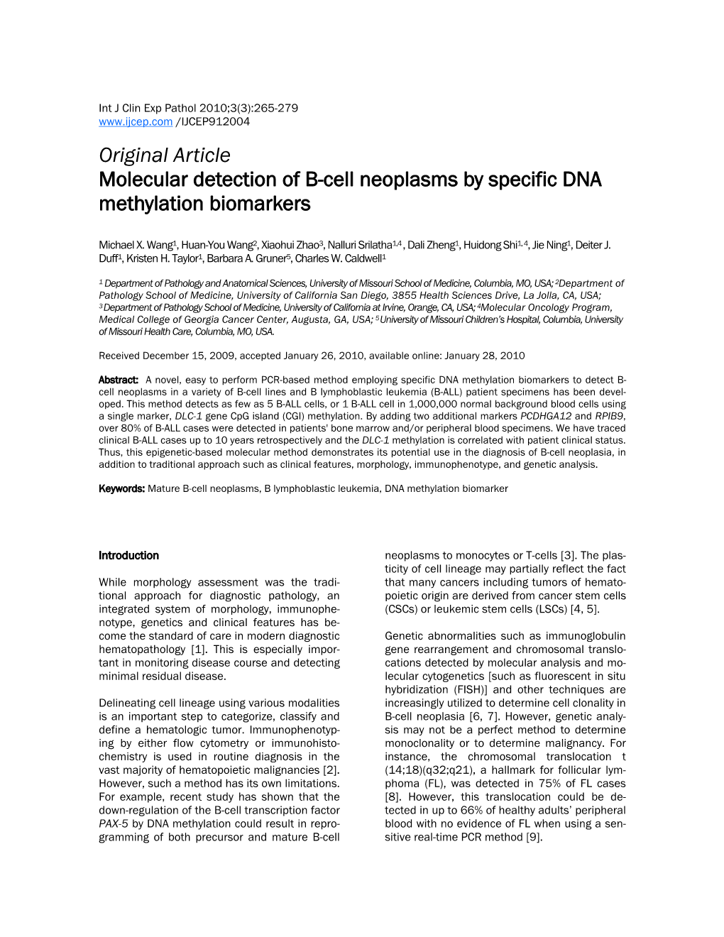 Original Article Molecular Detection of B-Cell Neoplasms by Specific DNA Methylation Biomarkers
