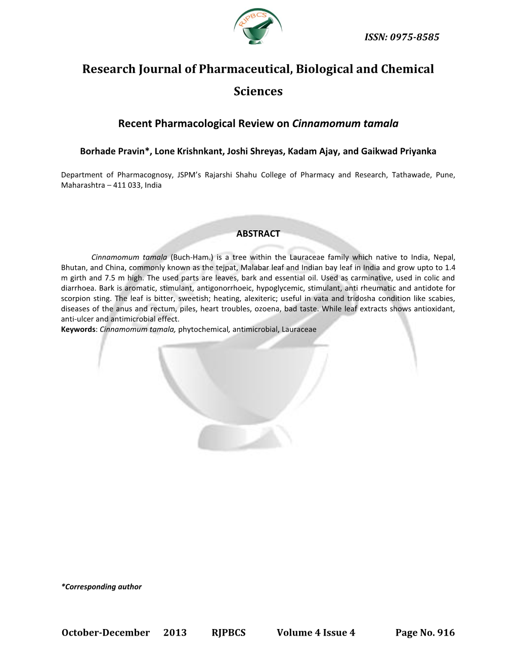 Research Journal of Pharmaceutical, Biological and Chemical Sciences