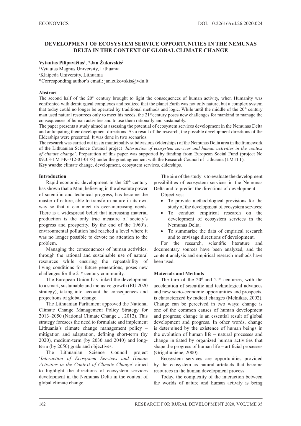 Development of Ecosystem Service Opportunities in the Nemunas Delta in the Context of Global Climate Change