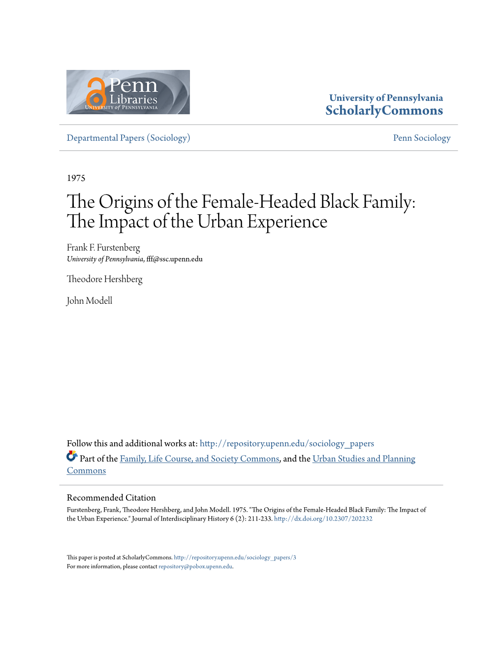 The Origins of the Female-Headed Black Family: the Mpi Act of the Urban Experience Frank F