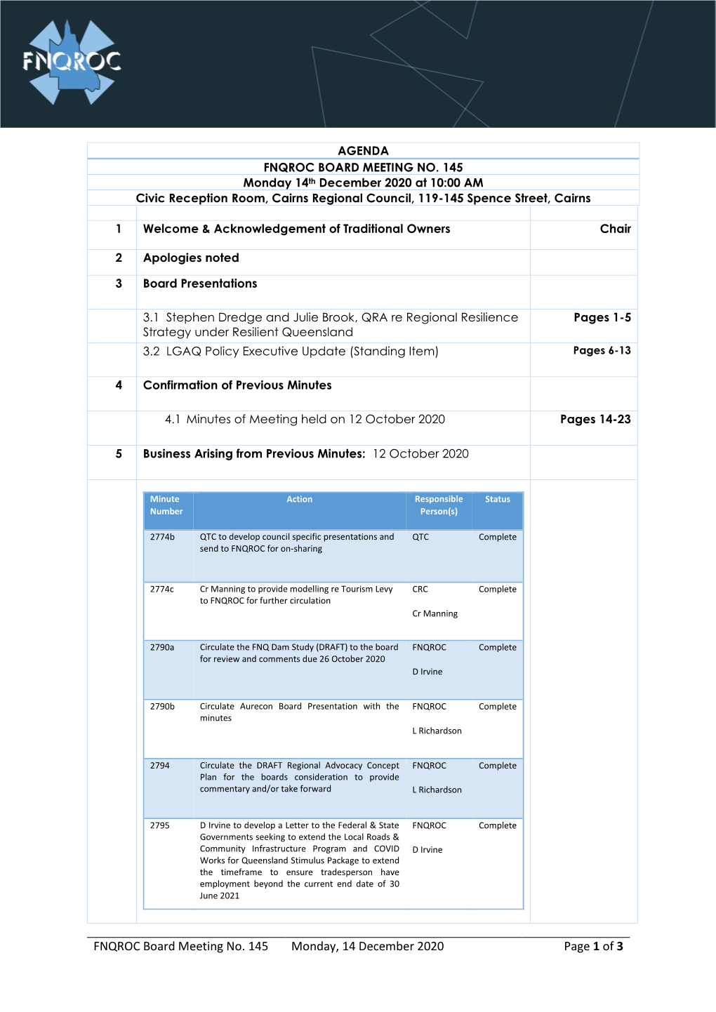 FNQROC Board Meeting No. 145 Monday, 14 December 2020 Page 1 of 3 Minute Action Responsible Status Number Person(S)