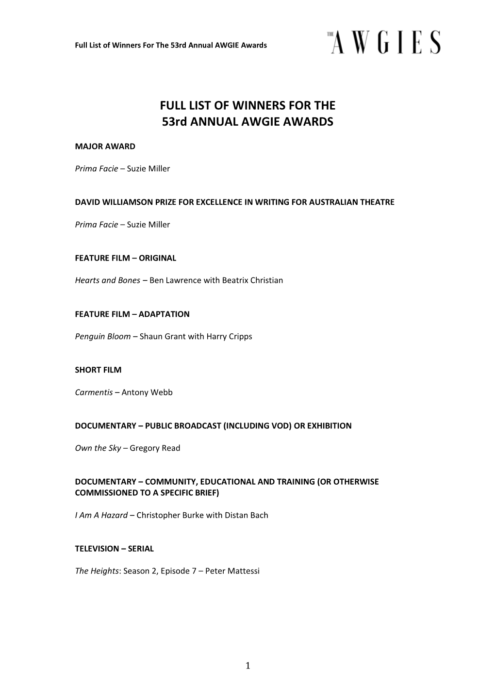 Full List of Winners for the 53Rd Annual AWGIE Awards