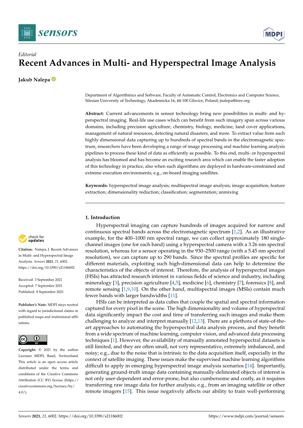 Recent Advances in Multi- and Hyperspectral Image Analysis