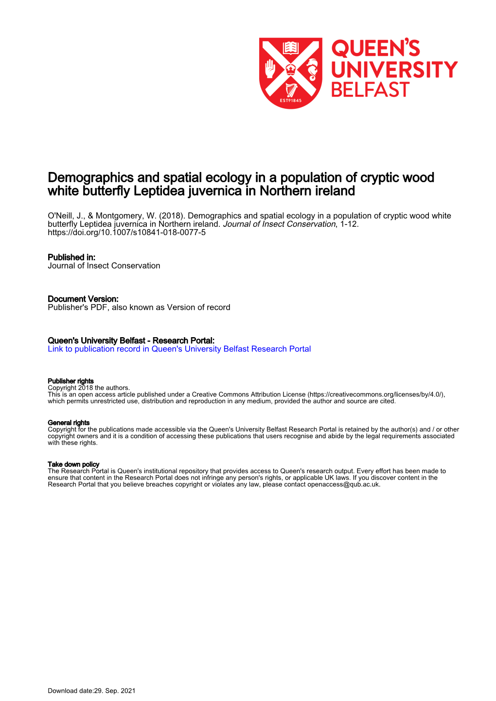 Demographics and Spatial Ecology in a Population of Cryptic Wood White Butterfly Leptidea Juvernica in Northern Ireland