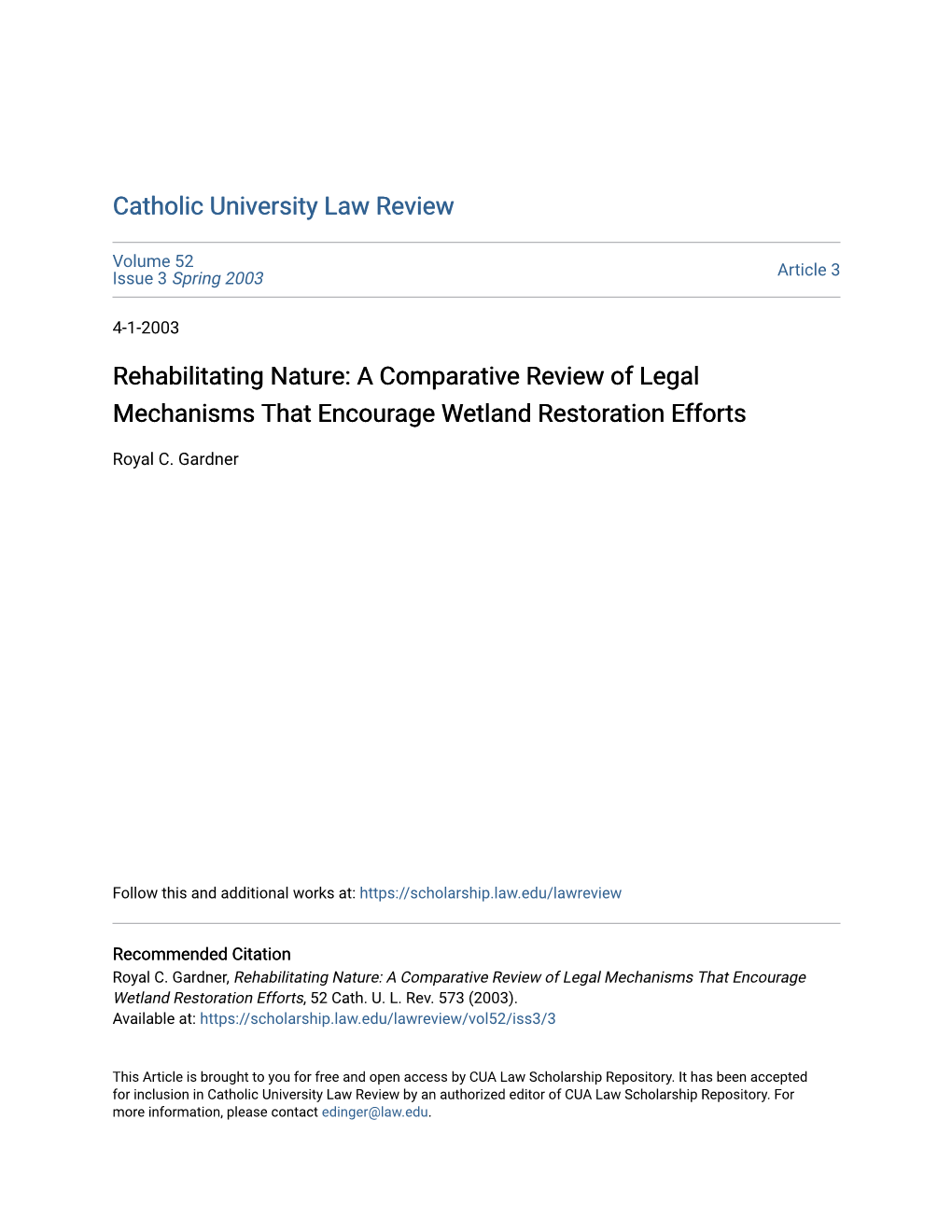 A Comparative Review of Legal Mechanisms That Encourage Wetland Restoration Efforts