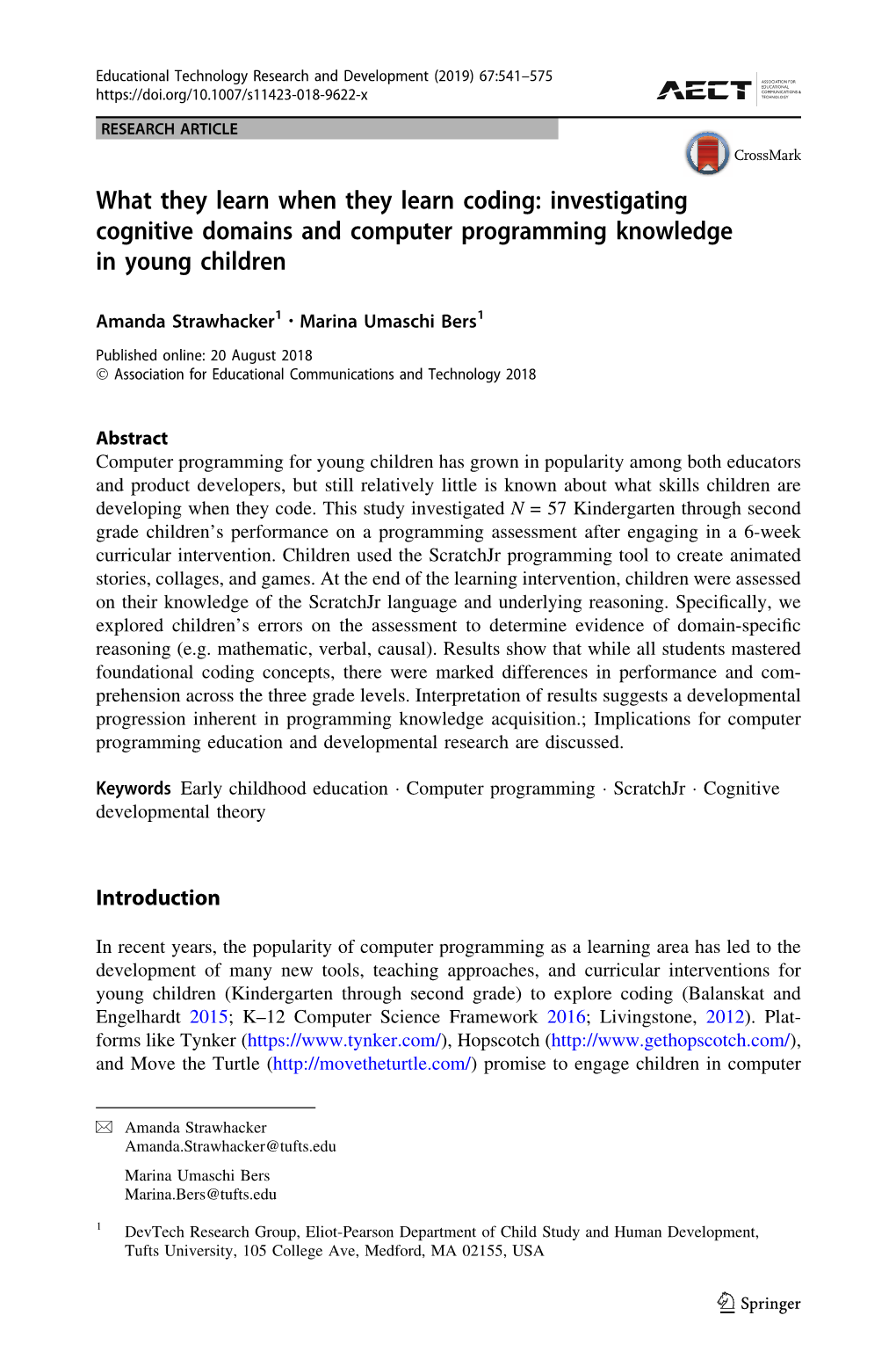 Investigating Cognitive Domains and Computer Programming Knowledge in Young Children