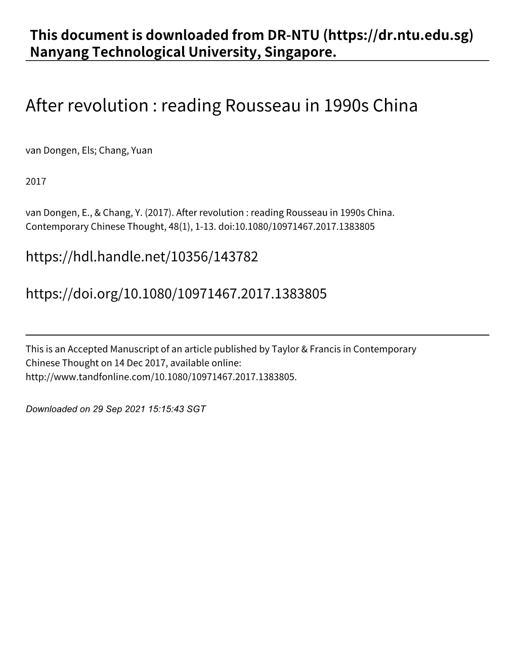 After Revolution : Reading Rousseau in 1990S China