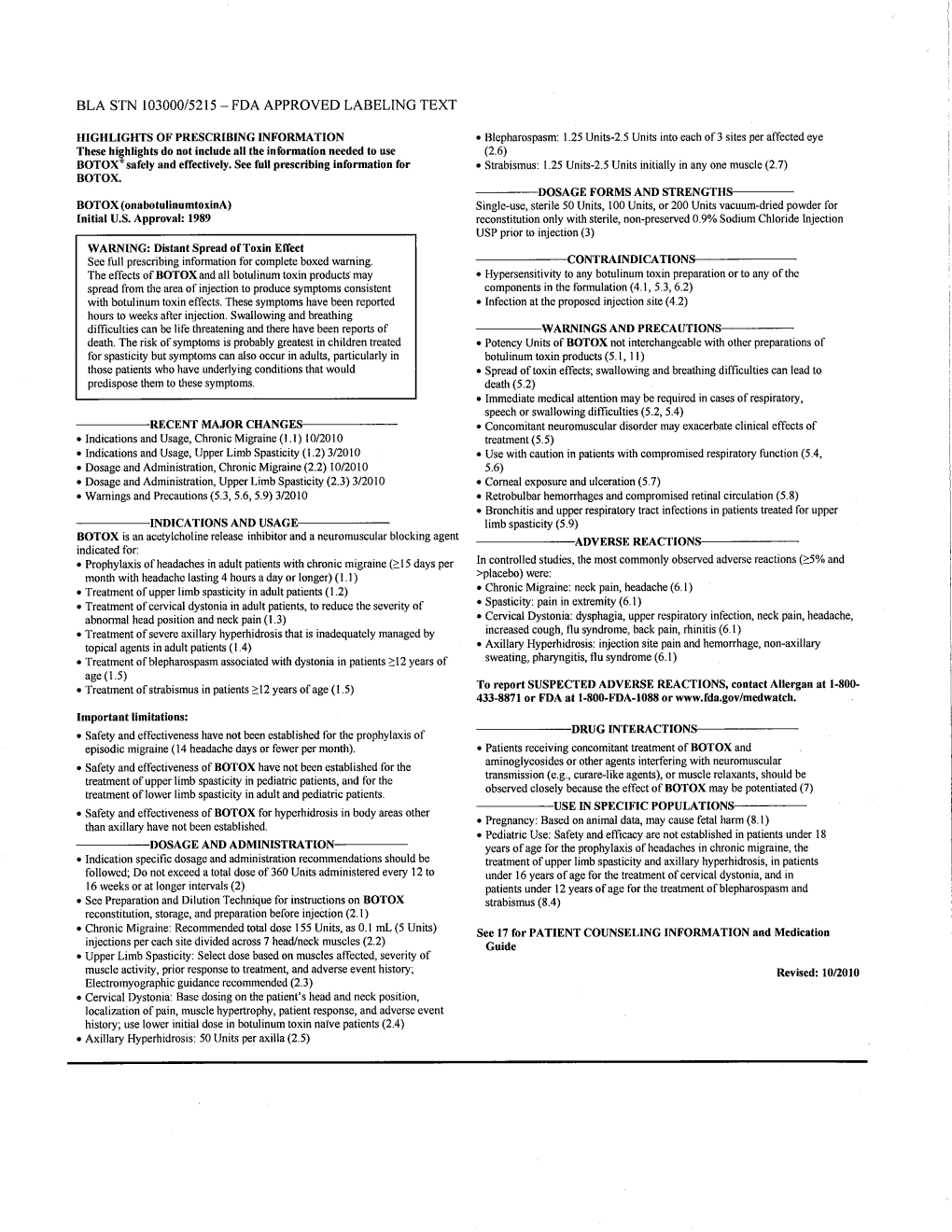 Bla Stn 103000/5215 - Fda Approved Labeling Text