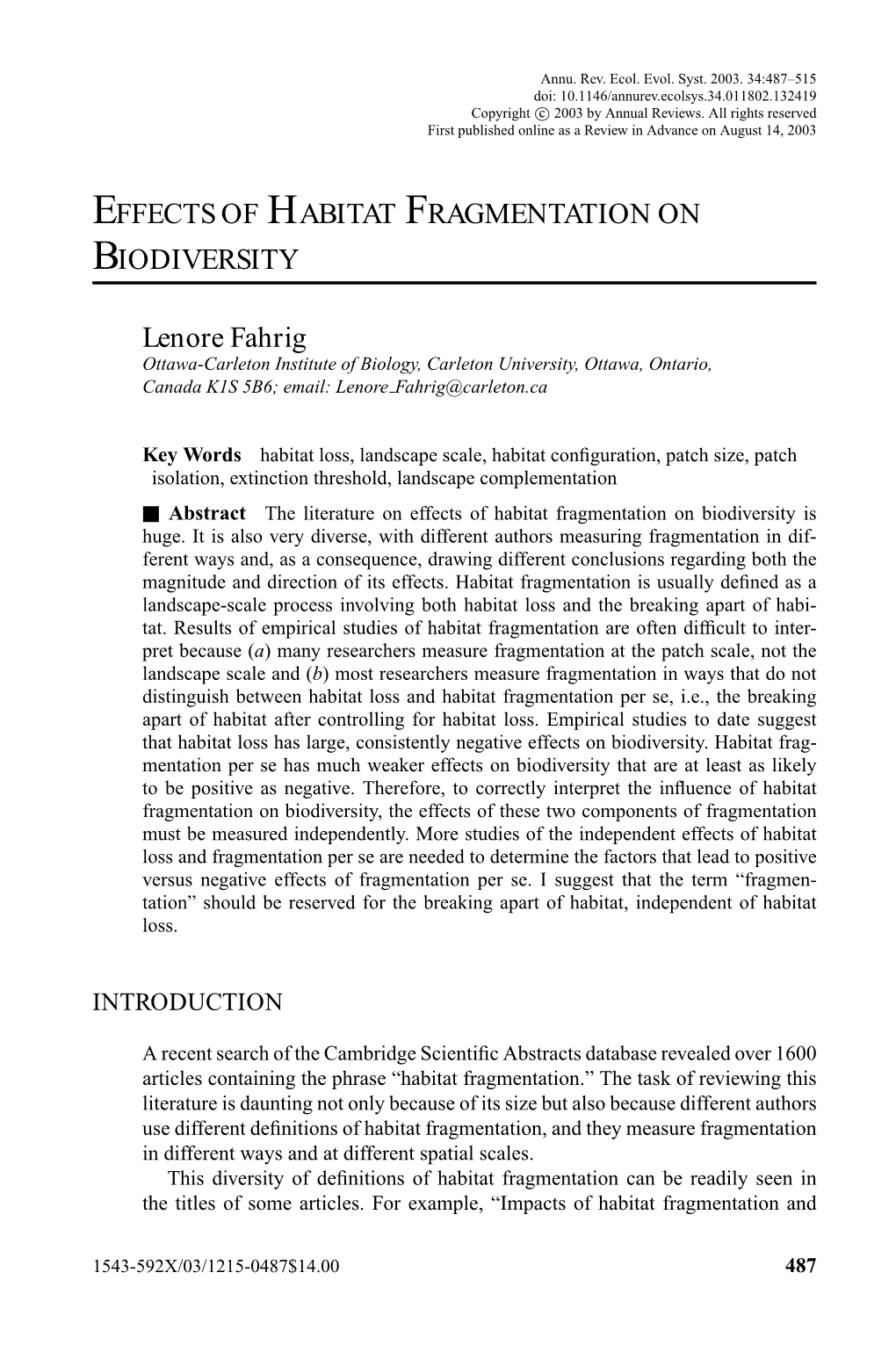 Effects of Habitat Fragmentation on Biodiversity