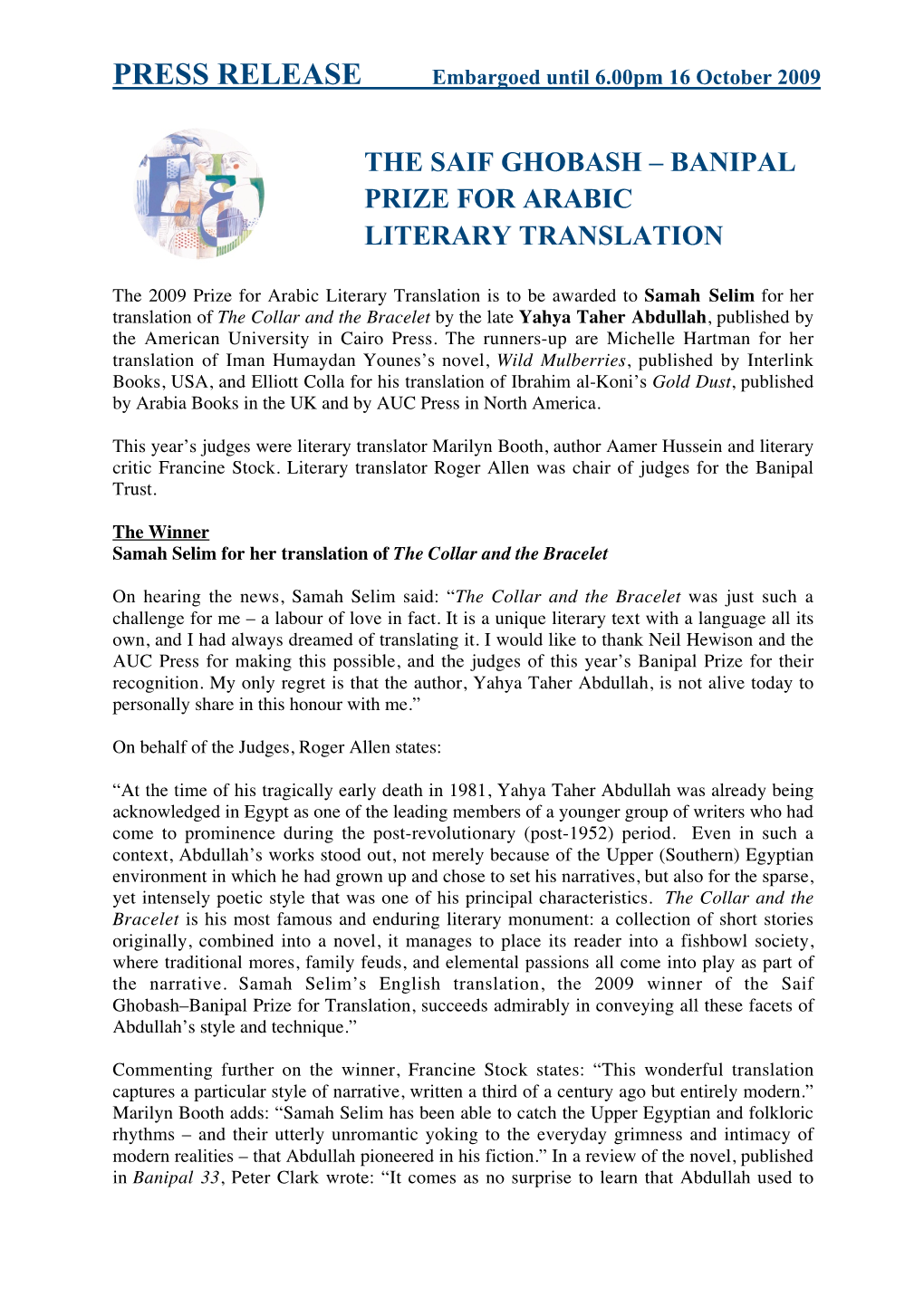 The Saif Ghobash – Banipal Prize for Arabic Literary Translation