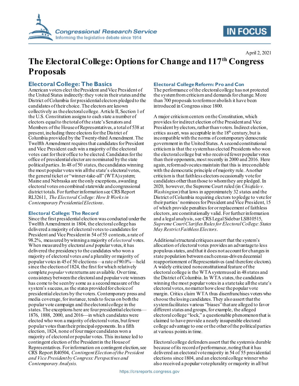 The Electoral College: Options for Change and 117Th Congress Proposals