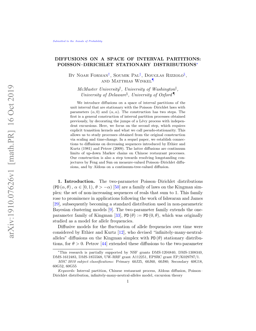 Diffusions on a Space of Interval Partitions: Poisson–Dirichlet Stationary Distributions∗