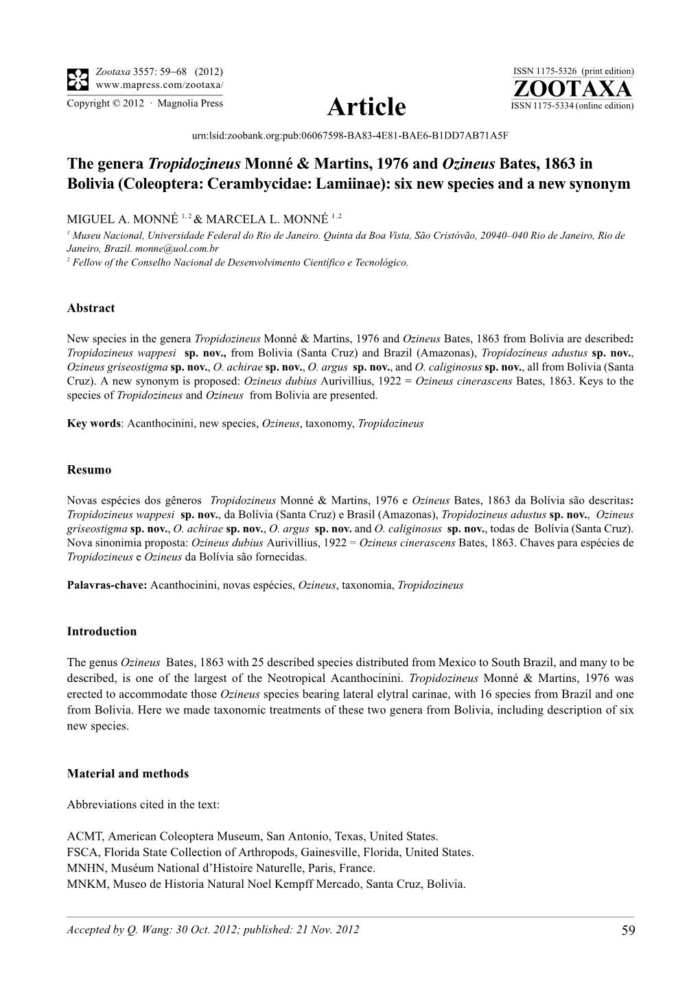 The Genera Tropidozineus Monné & Martins, 1976 and Ozineus Bates