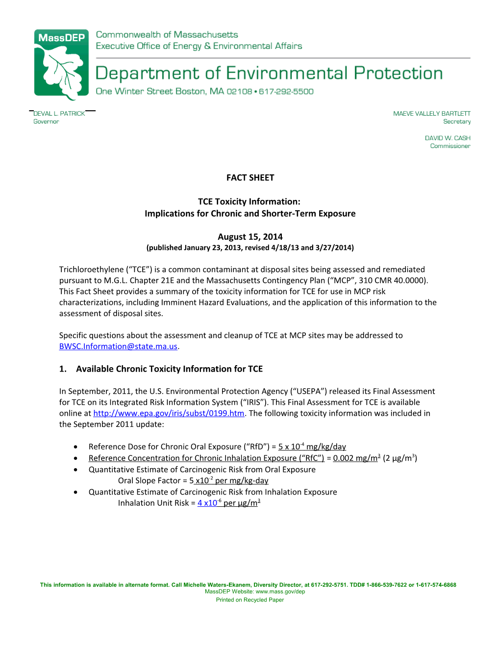 FACT SHEET - TCE Toxicity Information: Implications For Chronic And Shorter-Term Exposure