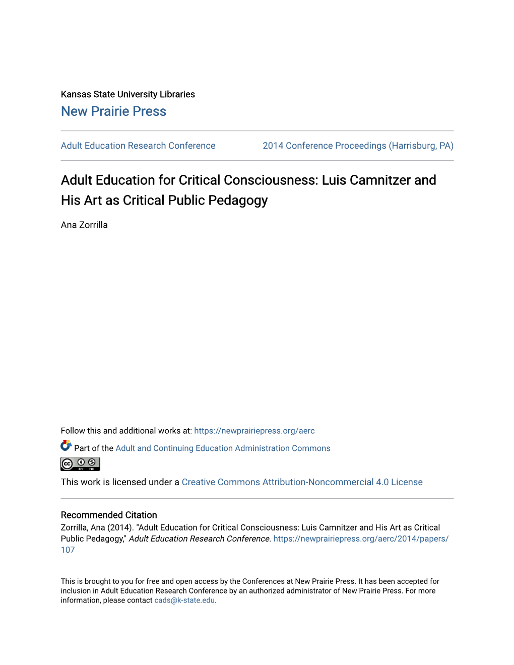 Adult Education for Critical Consciousness: Luis Camnitzer and His Art As Critical Public Pedagogy