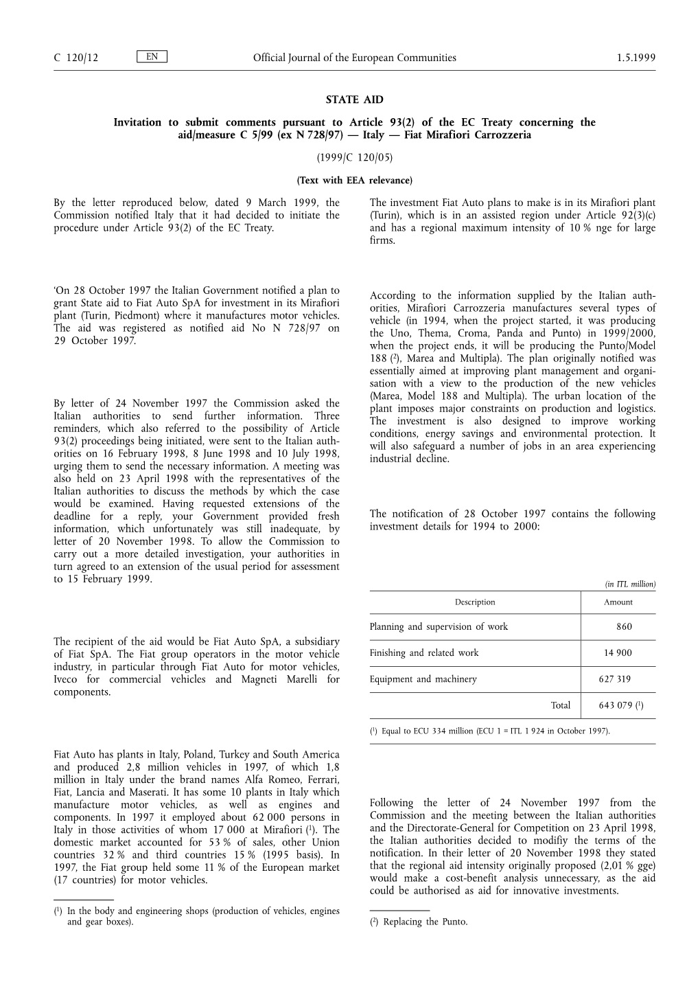 Of the EC Treaty Concerning the Aid/Measure C 5/99 (Ex N 728/97)  Italy  Fiat Mirafiori Carrozzeria (1999/C 120/05)