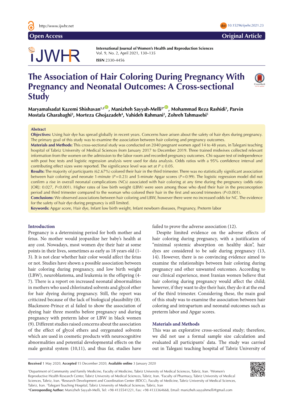 The Association of Hair Coloring During Pregnancy with Pregnancy and Neonatal Outcomes: a Cross-Sectional Study