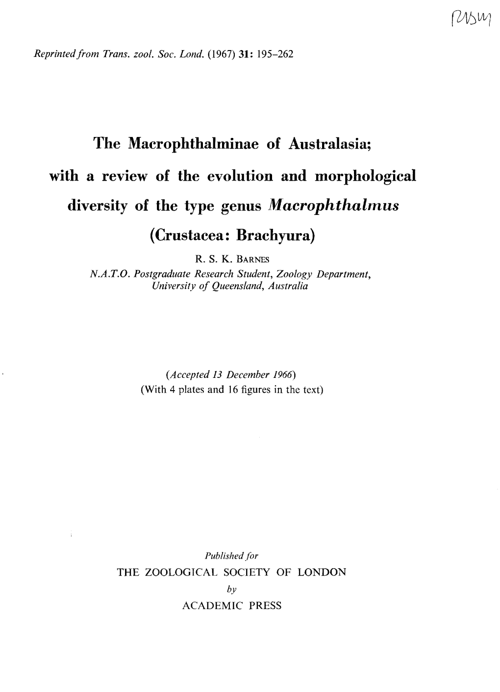 The Macrophthalminae of Australasia; with a Review of the Evolution and Morphological Diversity of the Type Genus Macrophthalmus (Crustacea: Brachyura)