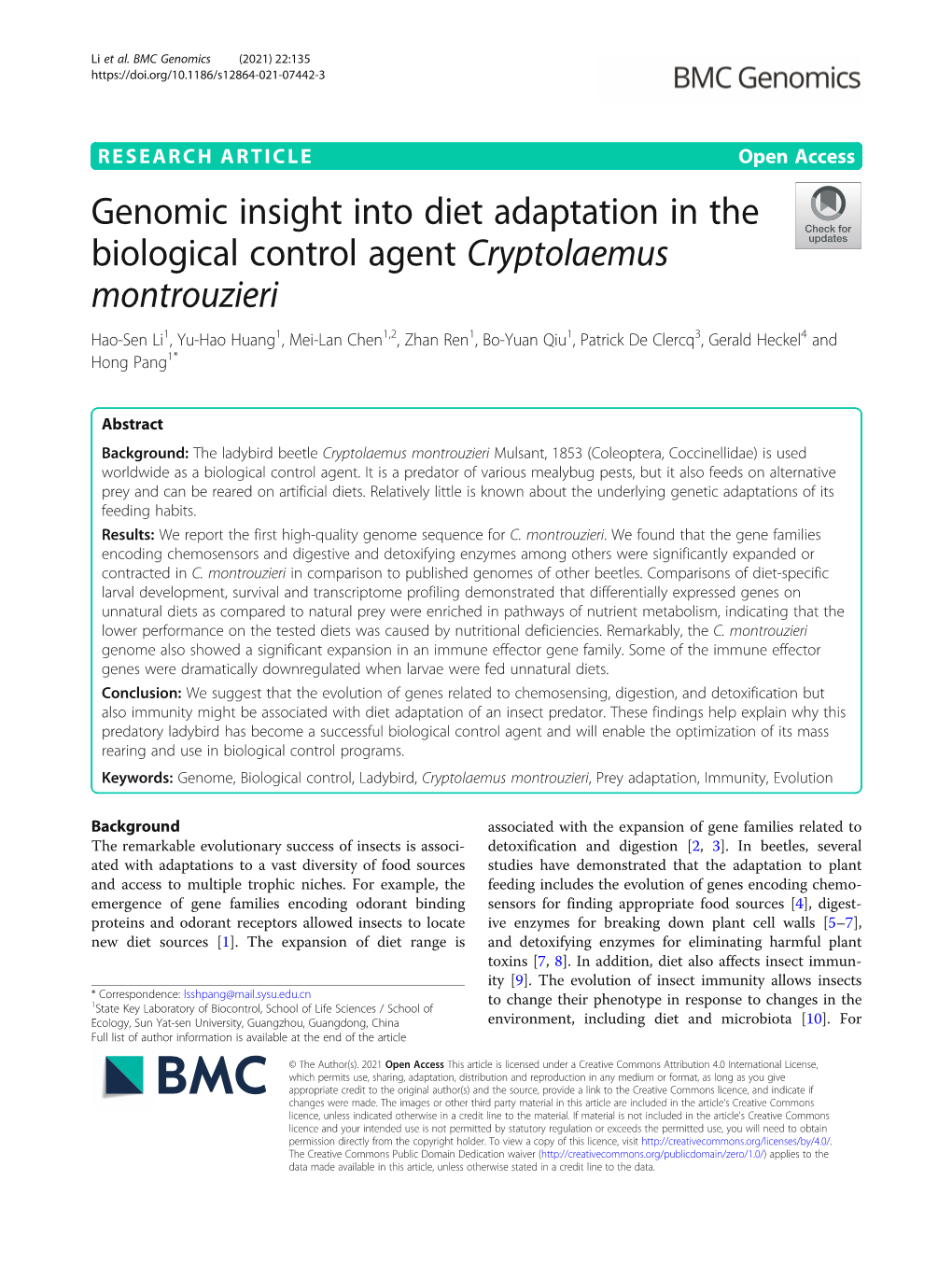 Genomic Insight Into Diet Adaptation in the Biological Control Agent Cryptolaemus Montrouzieri