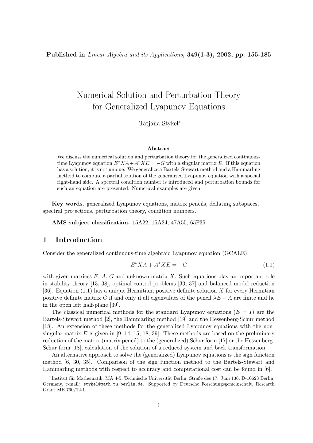 Numerical Solution and Perturbation Theory for Generalized Lyapunov Equations