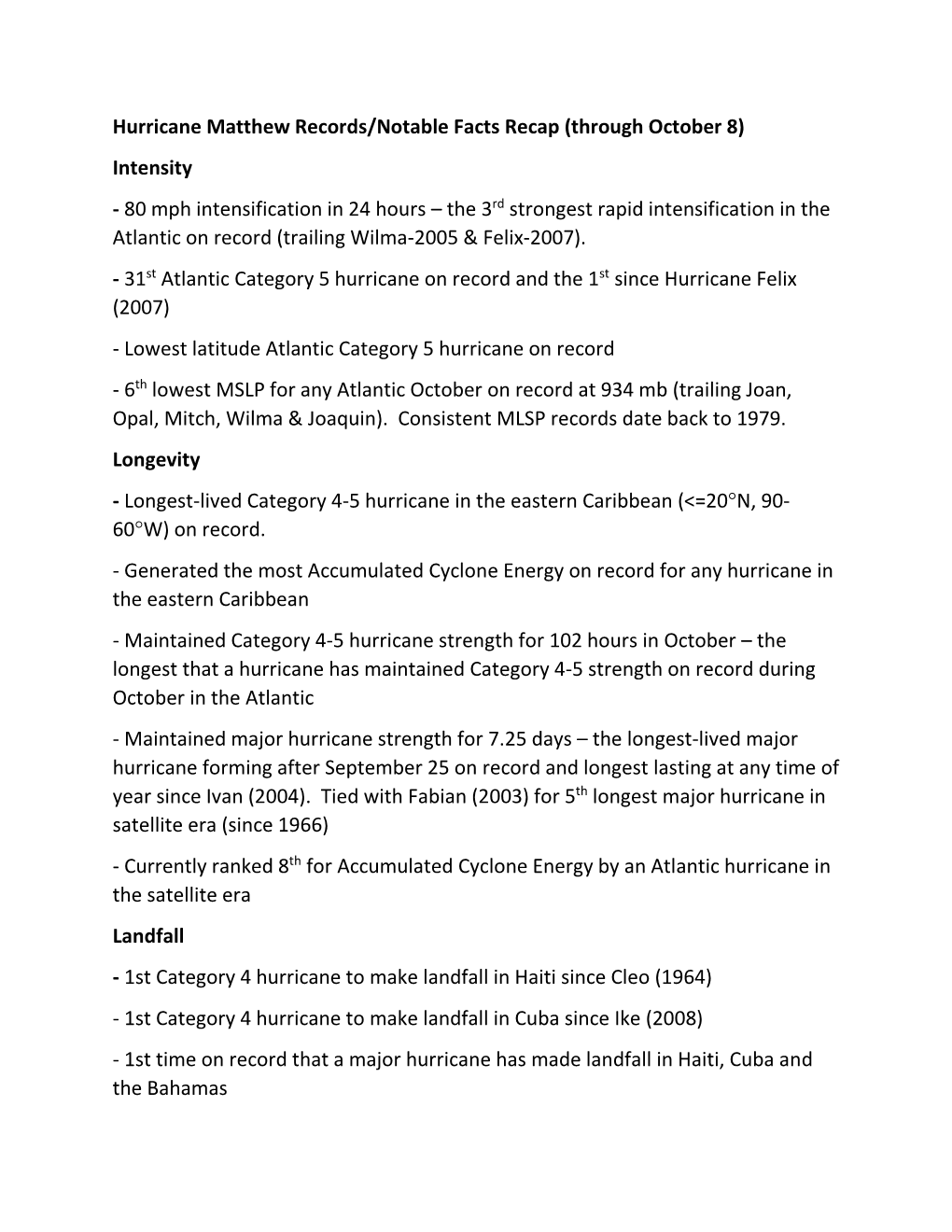 Hurricane Matthew Records/Notable