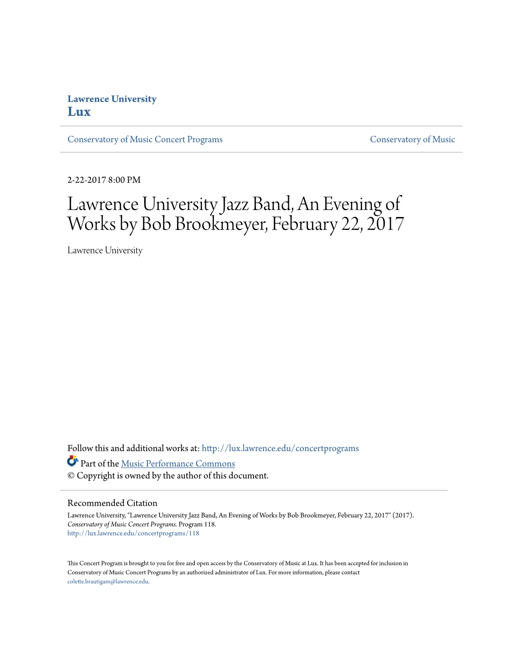 Lawrence University Jazz Band, an Evening of Works by Bob Brookmeyer, February 22, 2017 Lawrence University