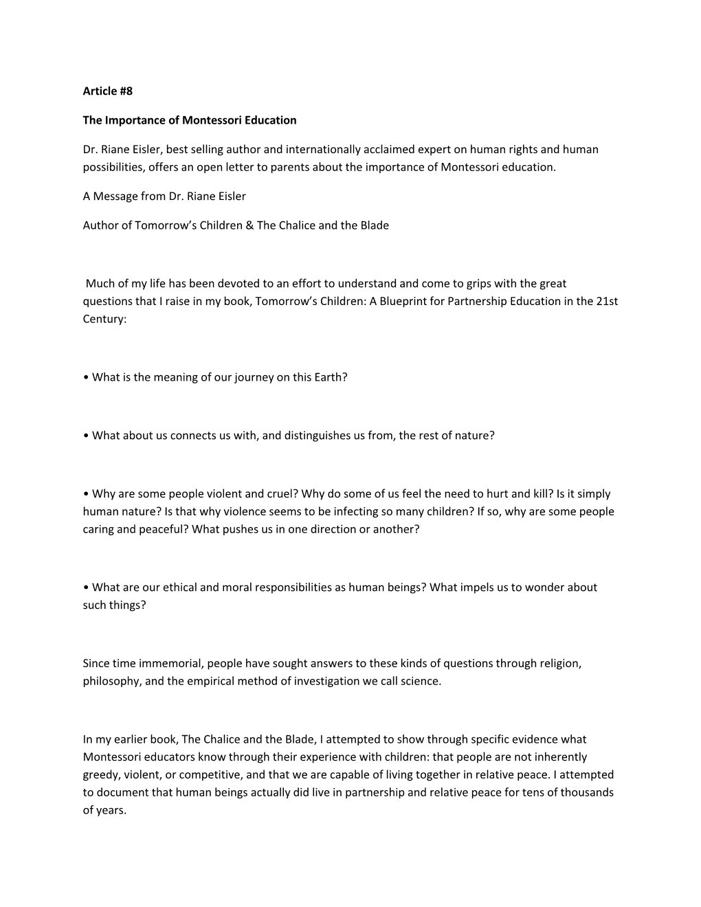 Article #8 the Importance of Montessori Education Dr. Riane