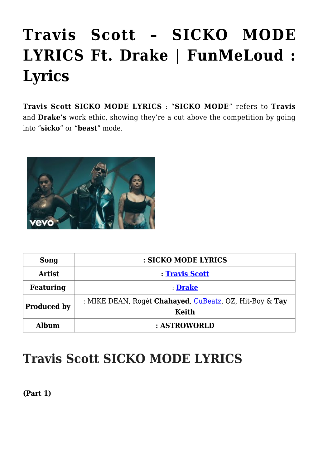 Travis Scott – SICKO MODE LYRICS Ft. Drake