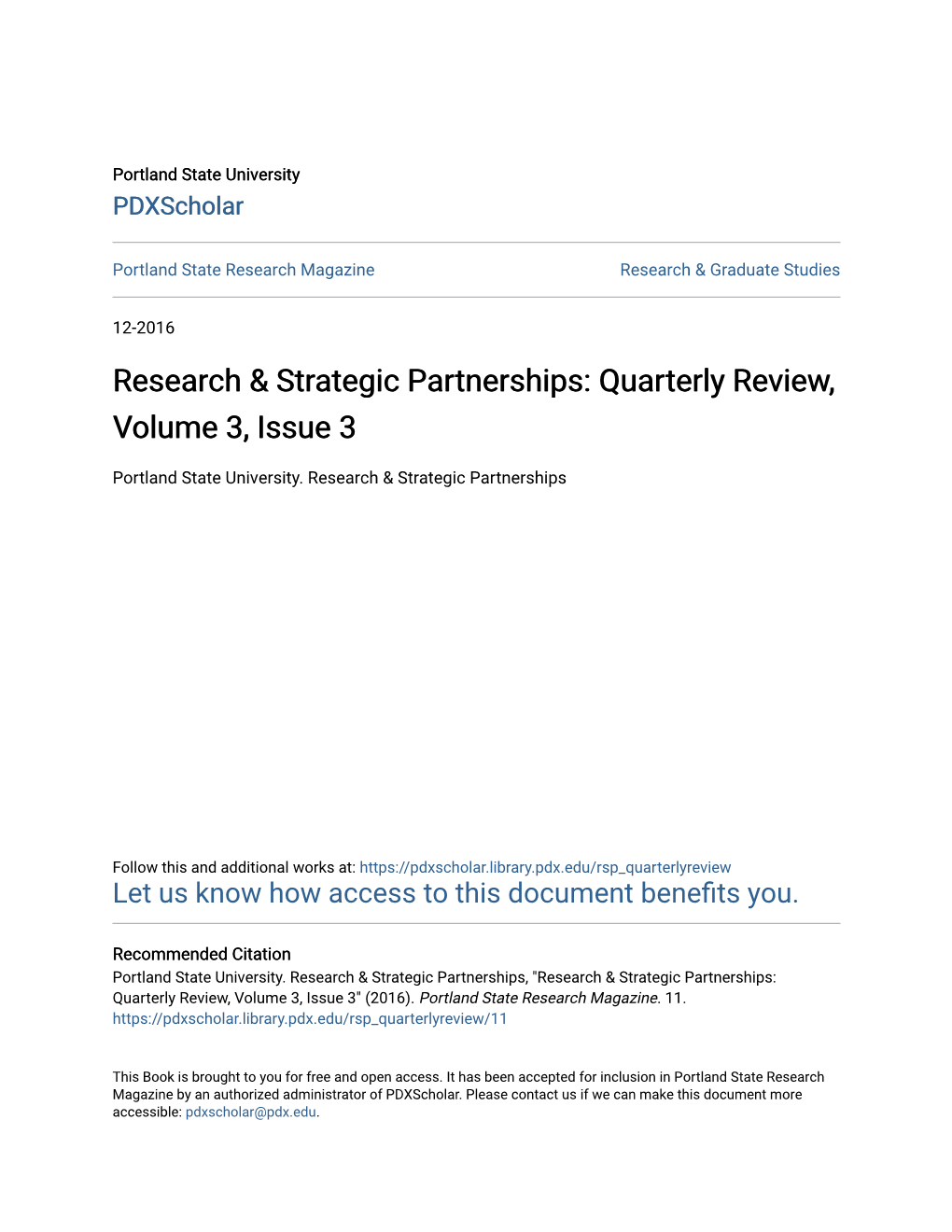 Research & Strategic Partnerships: Quarterly Review, Volume 3, Issue 3