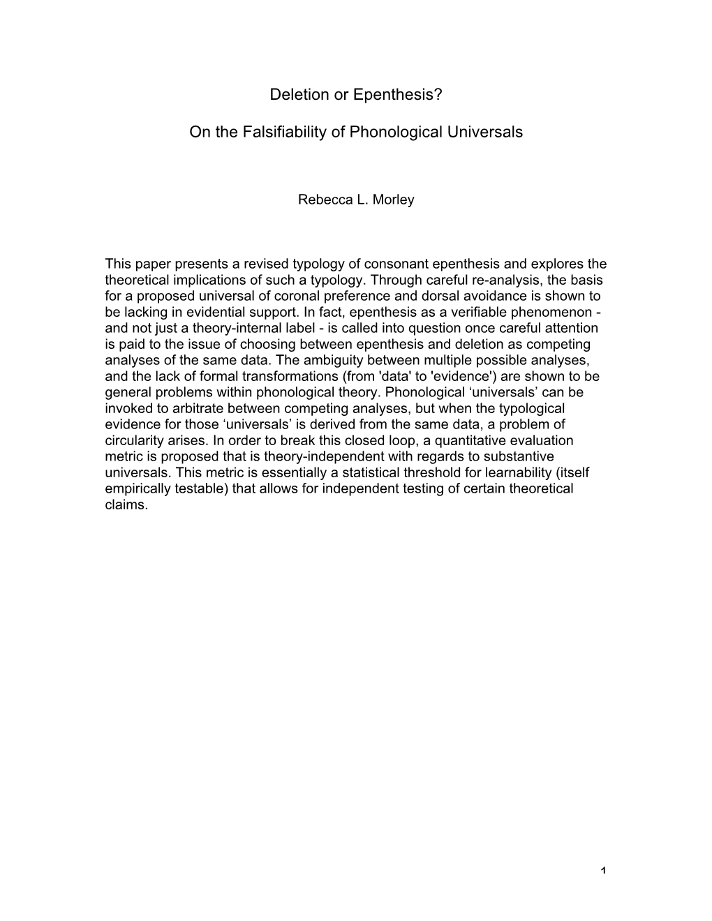 Morley, R. Deletion Or Epenthesis? on the Falsifiability of Phonological