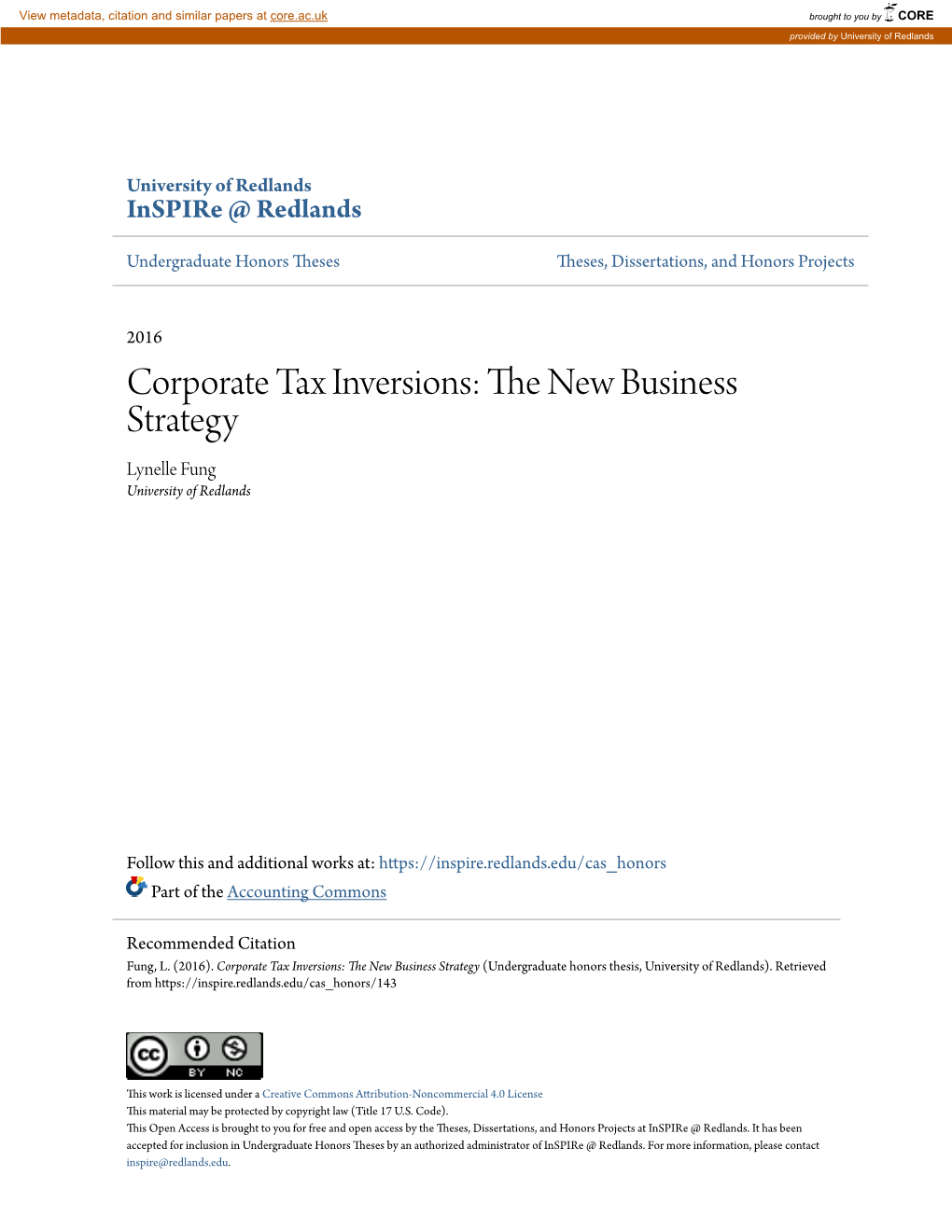 Corporate Tax Inversions: the New Business Strategy (Undergraduate Honors Thesis, University of Redlands)