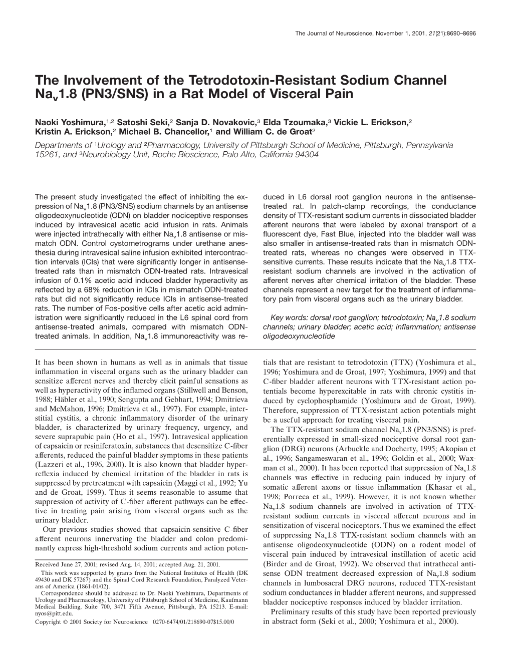 (PN3/SNS) in a Rat Model of Visceral Pain