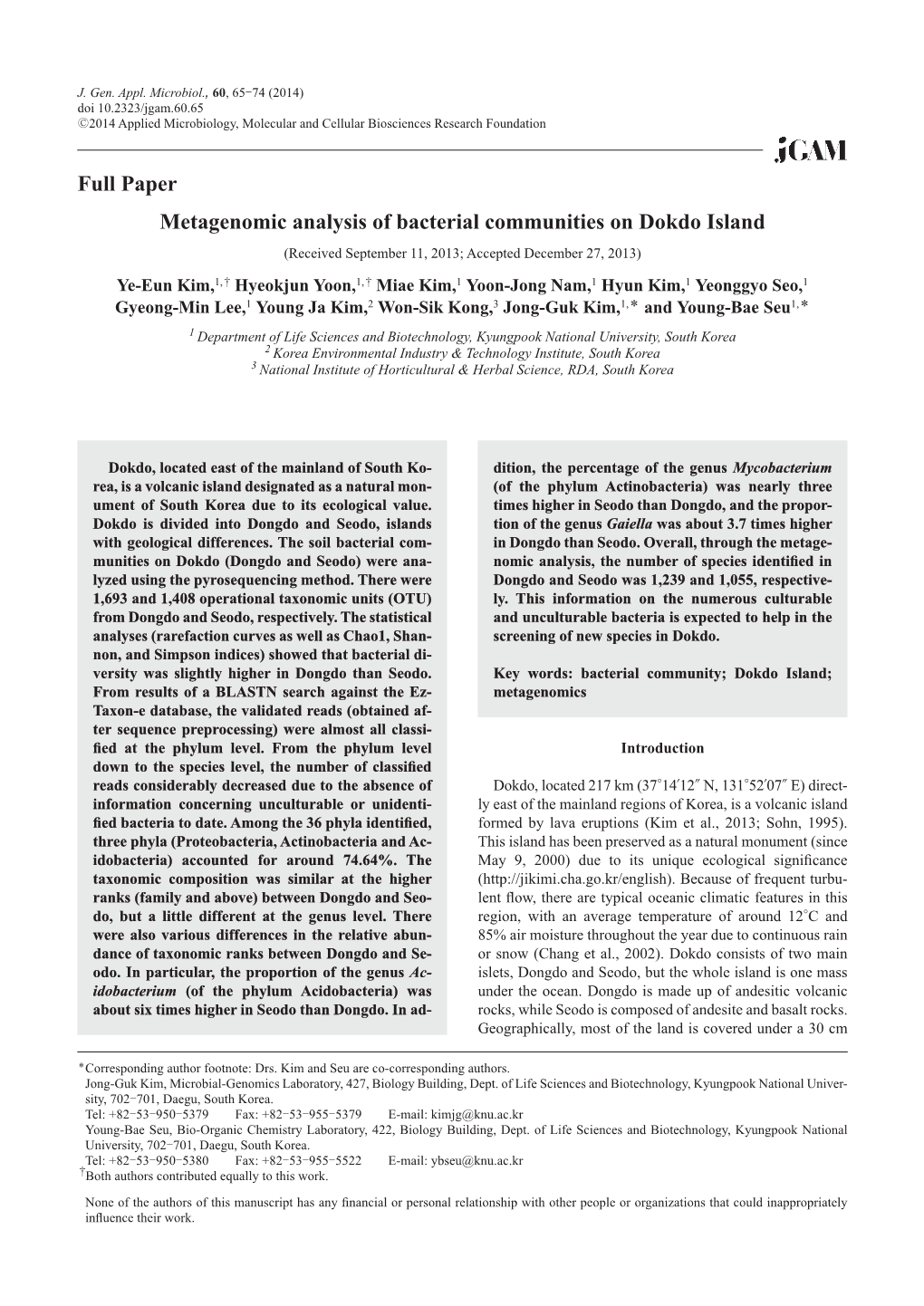 Metagenomic Analysis of Bacterial Communities on Dokdo Island